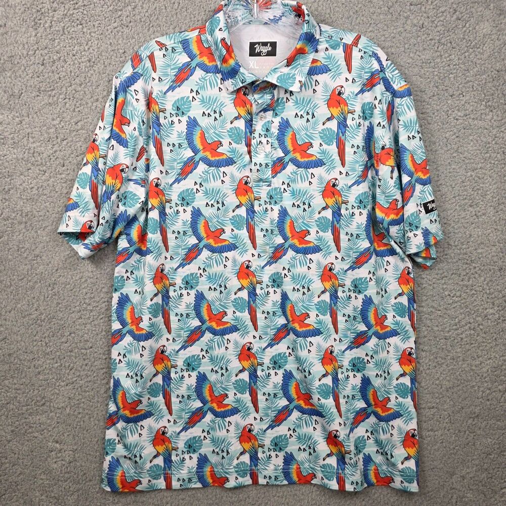 Waggle Golf Polo Shirt Tropical Parrot Macaws & Palm Tree Men's Size XL